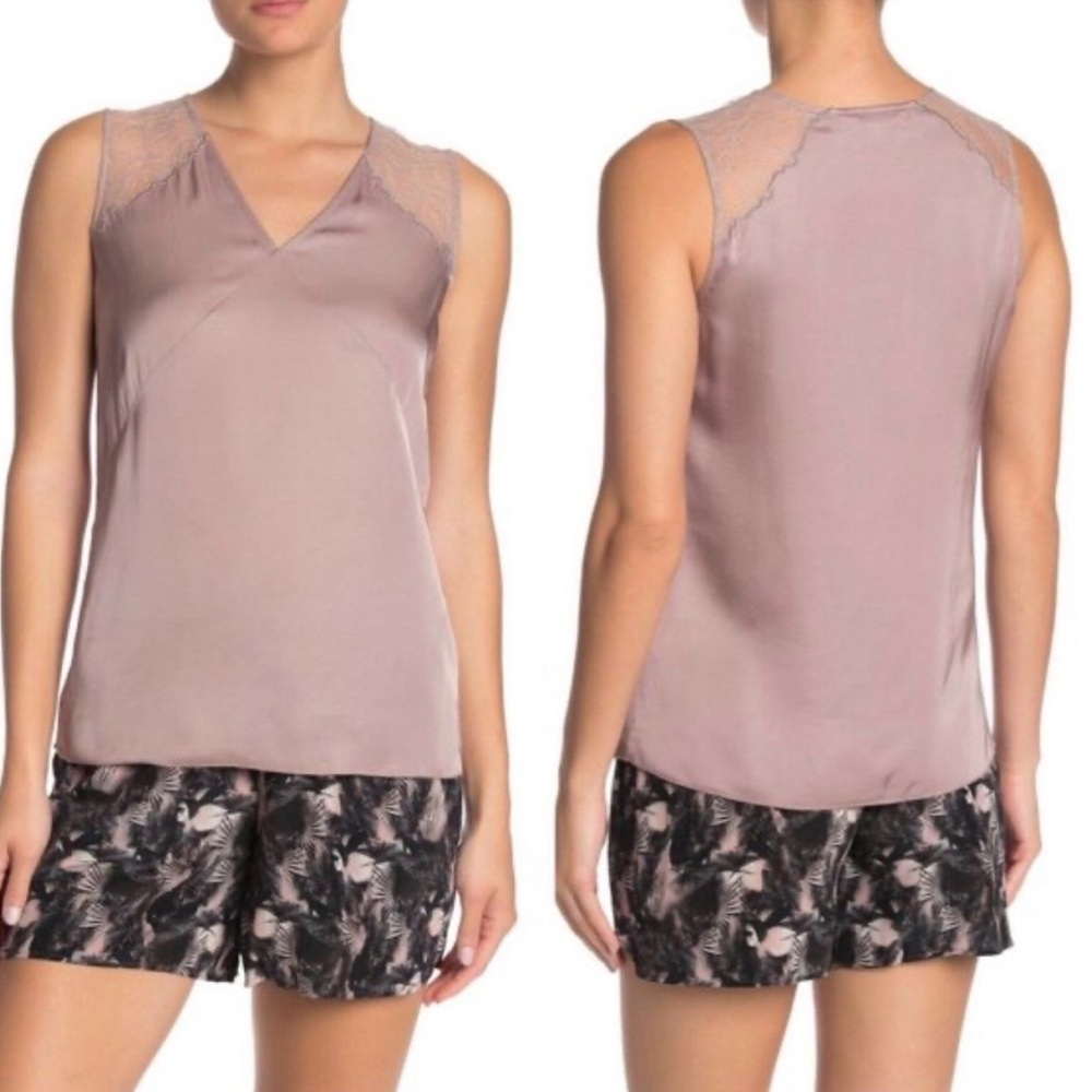 AllSaints Prism Lace Shoulder Sleeveless Blouse Taupe Silk Look Top US 4
